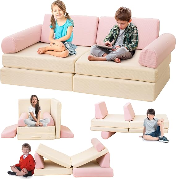 furlinkhm Kids Modular Play Couch, Kids Couch for Playroom, 5 Seconds Instant Expansion, Corduroy Fabric, Pink and Beige