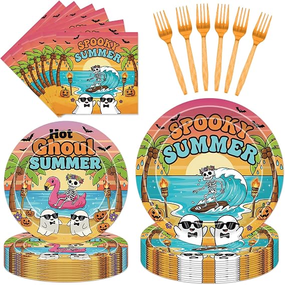 96Pcs Summer Halloween Party Decorations - Halloween Plates Napkins and Forks Tropical Spooky Ghost Disposable Tableware Set for Coastal Halloween Birthday, Pool Party, Beach Decor