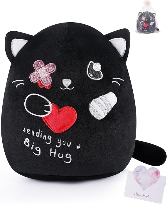 Get Well Soon Plush Cat - Black Cat Stuffed Animal Unique Heart Bandage, Perfect Get Well Gift for All Ages Valentine's Day Gift 8 Inch