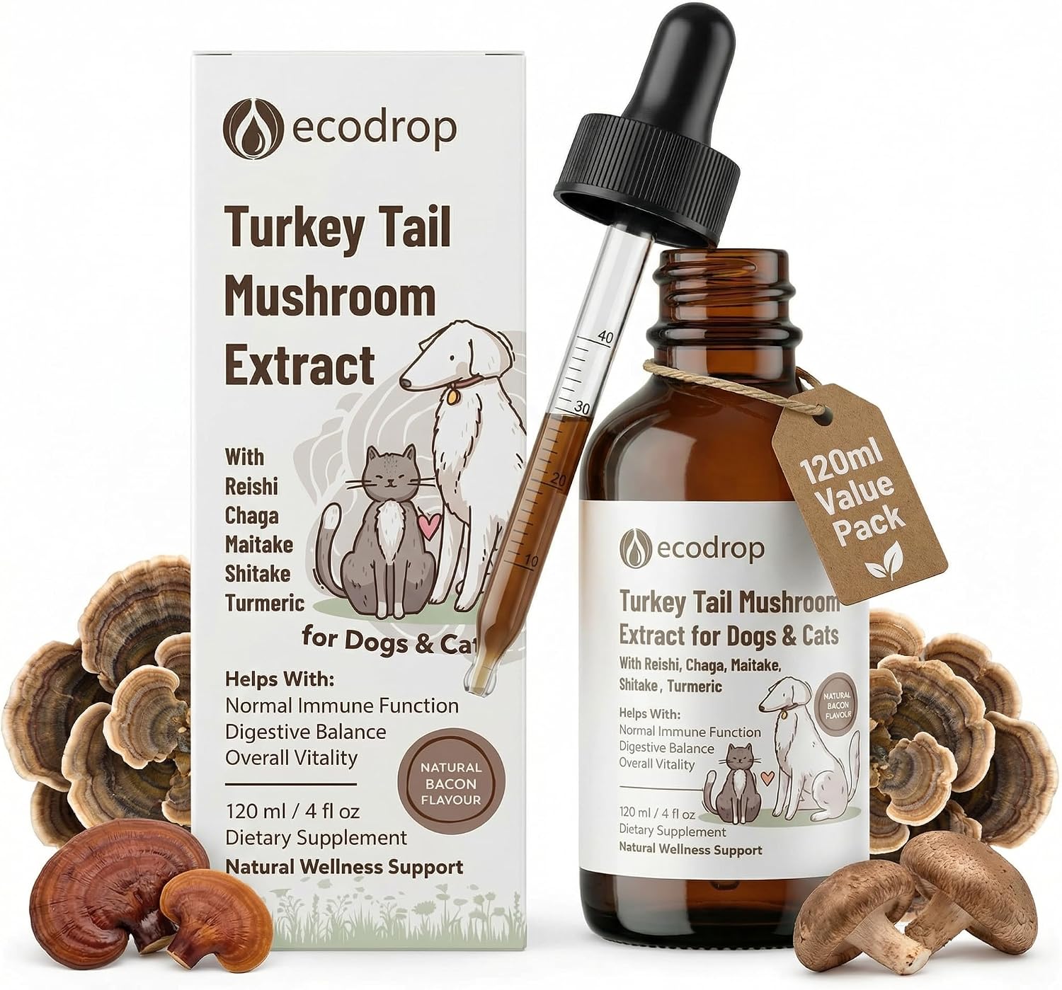Ecodrop Turkey Tail Mushroom for Dogs & Cats - 120 ml / 1200mg | Long-Lasting Supply | Liquid Pet Supplement | Easy Administer | Feline & Canine Daily Wellness | Antioxidants for Immune Support