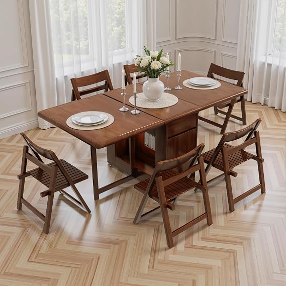 Small Drop Leaf Table - Folding Dining Table Set for 6 with 6 Foldable Chairs Inside, Fully Assembled Solid Wood Space-Saving Kitchen Table and Chairs Set with Storage & Lockable Wheels, Walnut, 59"