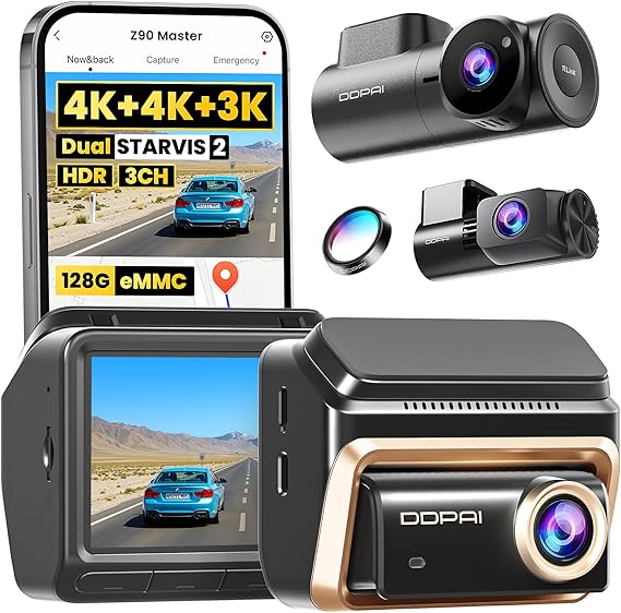 DDPAI 4K 3-Channel Dash Cam,Dashcam for Cars with 128G eMMC+CPL,Front & Rear & Inside(2160P+2160P+1080P),Dual STARVIS 2 Sensors IMX678 + IMX678,AI ISP Night Vision,ADAS, WiFi 6, 4G LTE,Z90 Master 3CH