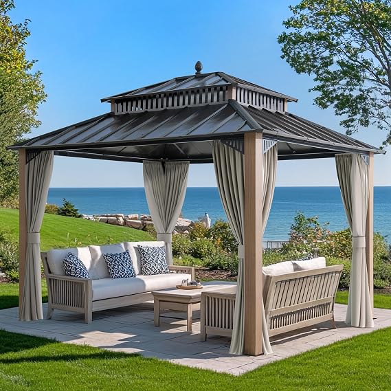 SUNJOY Kingston 12' x 10' Hardtop Gazebo with Galvanized Steel Double Roof, Curtain and Netting, Woodgrain Finish Aluminum Posts Permanent Pavilion Gazebo for Garden, Patio, Deck, Lawn
