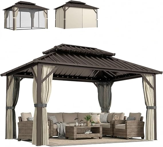 Outsunny 10' x 14' Hardtop Gazebo with UPF50+ Double Roof Canopy Brown