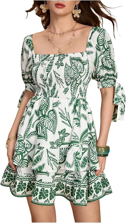 Floerns Women's Floral Print Puff Sleeve Square Neck Ruffle Mini Dresses