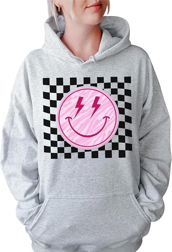 TEEAMORE Smile Face Sweatshirt Checkered Lightning Bolt Vintage Positive Women Crewneck