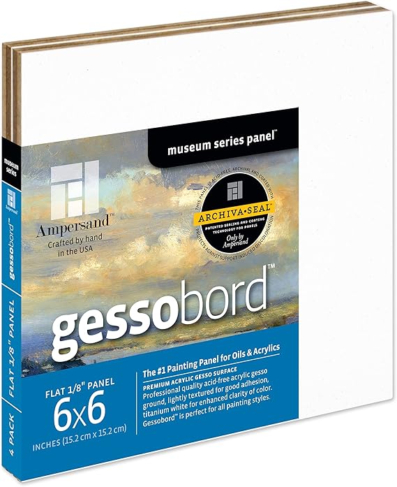 Ampersand Gessobord for Acrylic, Oil and Mixed Media, 1/8 Inch Depth, 6X6 Inch, Pack of 4 (GBS066)