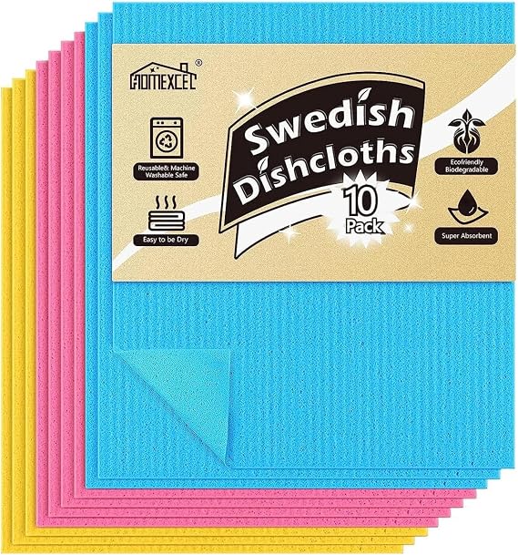 HOMEXCEL 10 Pack Reusable Washing Swedish Sponge Cloths 3 Colours Assorted