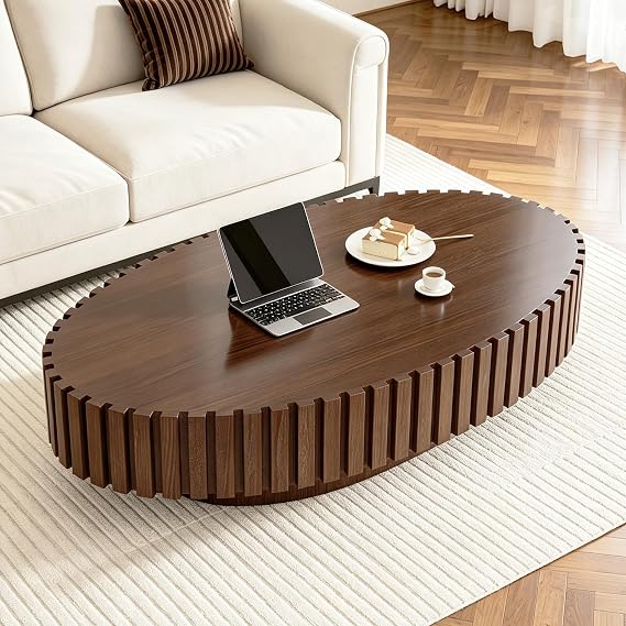 110CM Oval Fluted Coffee Table, Large Modern Wood Drum Coffee Table