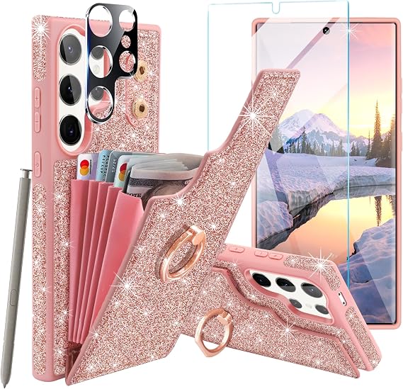 for Samsung Galaxy S24 Ultra Case Wallet with[1*Screen Protector] | [Camera Lens Protector]with 360Rotation Ring Stand Glitter 5 Card Holder Shockproof Case for Samsung S24 Ultra,Rose Gold