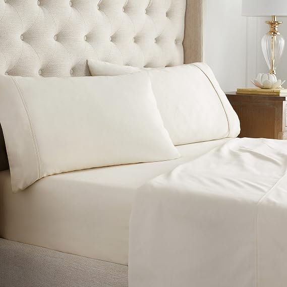 WAVERLY Cotton Cooling Solid Bedding Sheets & Pillowcases Set, Cal King, Ivory, 4 Piece