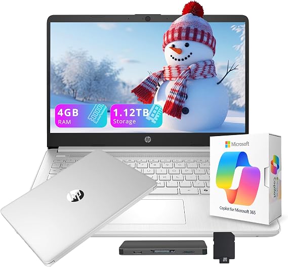 HP Flagship 14" HD Student&Business Laptop with AI Copilot, 13th Gen Intel 4-Core, 4GB RAM, 1.12TB Storage (128GB UFS + 1TB Docking Station), 1 Year Office 365, Wi-Fi 6, Win 11 S, Natural Silver