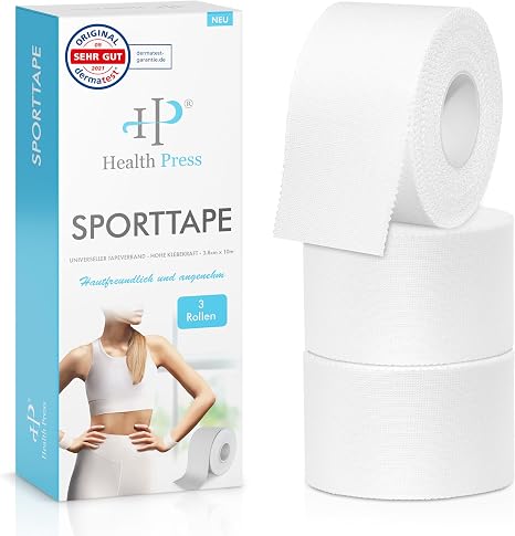 Health Press Sporttape - 3 Tape Rollen (38cm x 10m) - Sporttape weiß - reißbares Profi Sport Tape - Sport Tapeverband für alle Sportarten