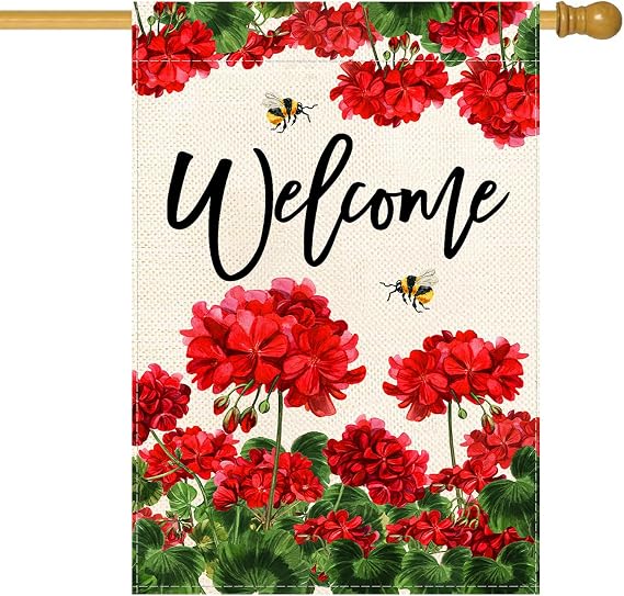 Baccessor Spring Summer Geranium Welcome House Flag Double Sided Summer Bee Red Floral Burlap Yard Flag House Seasonal Farmhouse Outside Outdoor Decoration 28 x 40 Inch(large)