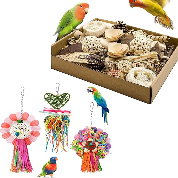 Natural Bird Toy Foraging Parrot Shredding Toys Box with Bird Mirror