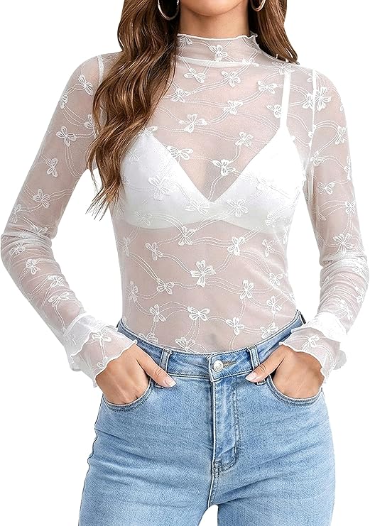 Women's Lace Tops Mesh Sheer Long Sleeve See Through Undershirt