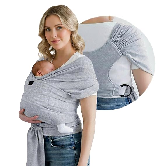 TAB Baby Wrap Ring Sling Carrier, Newborn to Toddler, Adjustable Ergonomic Design for Mom & Dad, Soft Breathable One-Handed Nursing Cover, Baby Shower & Registry Gift, Light Gray & Black Rings