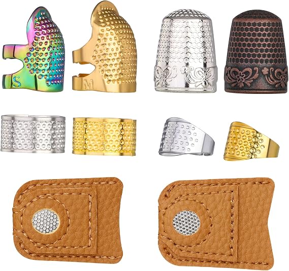 10PCS Sewing Thimble Set, Adjustable Metal & Leather Finger Protectors