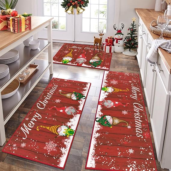 HEBE Christmas Kitchen Rugs Sets of 3, Non Slip Red Santa Gnome Christmas Rug for Kitchen, Farmhouse Kitchen Mats for Floor Washable Floor Carpet Set for Winter Xmas Holiday Decoration