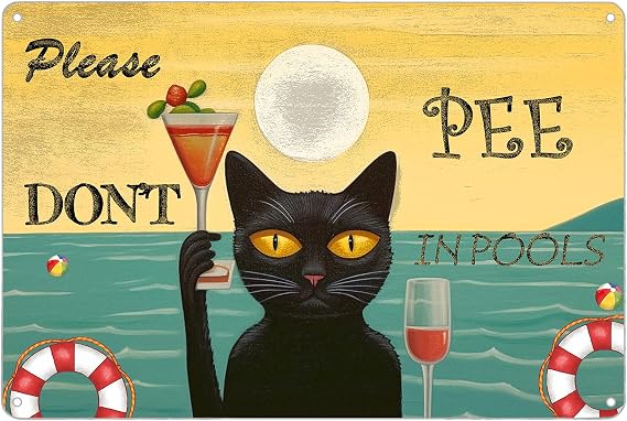 Please Don't Pee In Pools, 8x12 Pool Rules Cat Sign for Decorations, Perfect for Beach, Home, Bar, Pool Deck, and Backyard Walls, 4 Holes for Easy Hanging - Pool Rules
