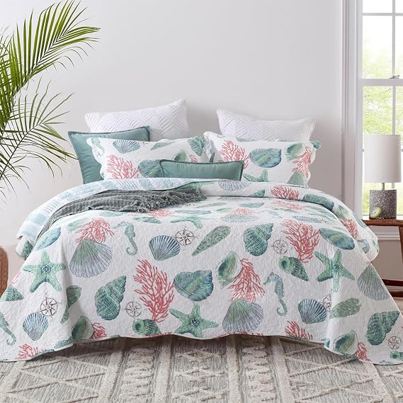 ABREEZE Coastal Beach Theme Bedding Queen Size Quilt Set Coverlet Cotton Reversible Starfish Seashell Conch Bedspread Coverlet Seaweed Coral Bed Cover with 2 Pillow Shams