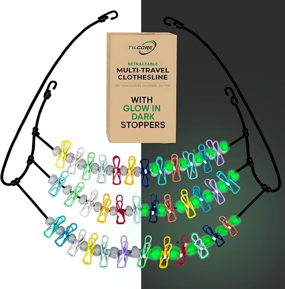 Retractable Travel Clothesline - Glow in the Dark, Multi Portable Clothes Line - 3 Lines, 6ft/1.83m Camping Clotheslines for Outside - Laundry Line, Clothes Drying Line, Clothing Line Outdoor