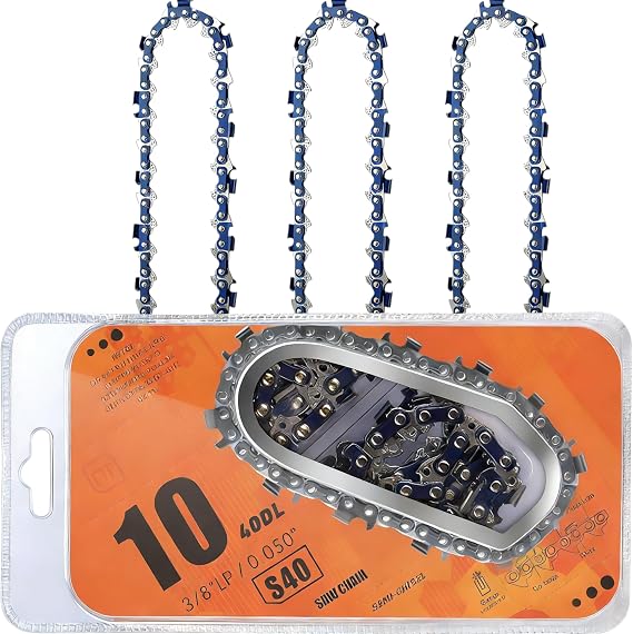 3-Pack 10 Inch Chainsaw Chain, 3/8" LP .050" 40DL Self-Lubricating Hardened Rivets Replacement Fits for Echo Remington Sun Joe Worx Greenworks Poulan Craftsman Saws