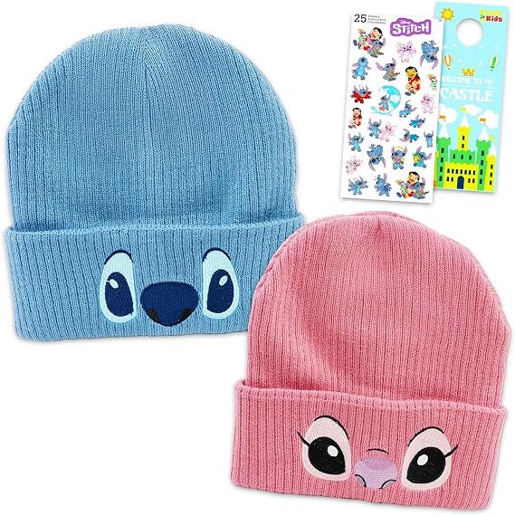 Disney His and Hers Stitch Beanies 2 Pack Bundle - Winter Accessories Bundle with 2 Pairs of Beanies Featuring Stitch and Angel, Plus Stickers, More | Disney Apparel and Accessories
