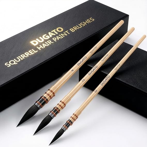 DUGATO Squirrel Hair Watercolor Paint Brushes, Mop Round Tip Brush, 3-Piece