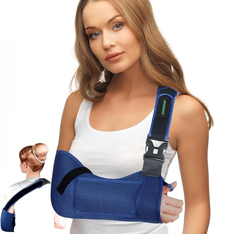 KONSEDIK Breathable Arm Sling,Padded Shoulder Support Brace with Anti-Slip Thumb Loop,Unisex Immobilizer for Rotator Cuff Injury,Elbow Clavicle Fracture Left Right Arm Post-Surgery Recovery(Blue, Medium)