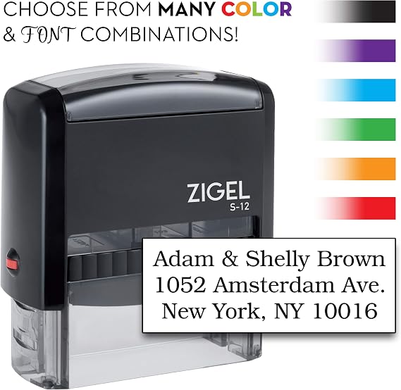 ZIGEL S+12 Self Inking Rubber Stamp 3/4" x 1-7/8" - Customize Online up to Four Lines of Type - Choose from Many Font - Choose from 15 Ink Colors