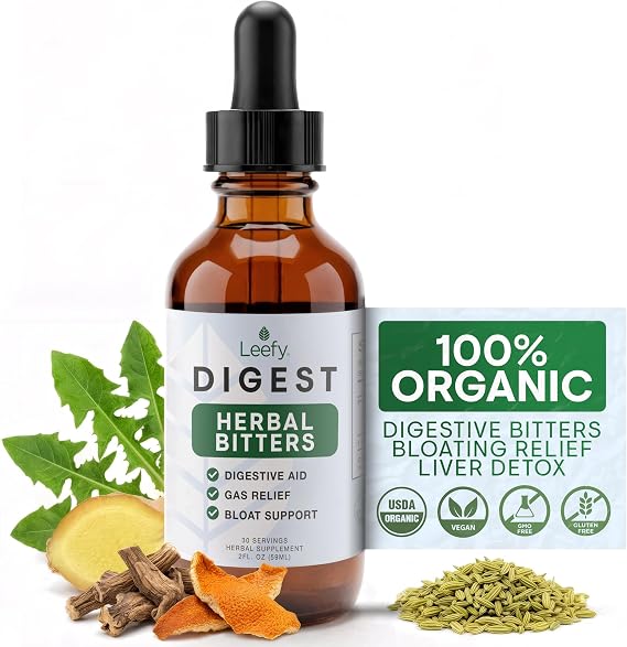 Leefy Organics Herbal Bitters for Digestion Liquid Digestive Drops with Organic Gentian, Dandelion & Ginger for Bloating, Gut Health, Liver Support Fast-Acting Sublingual Tincture 30 Servings