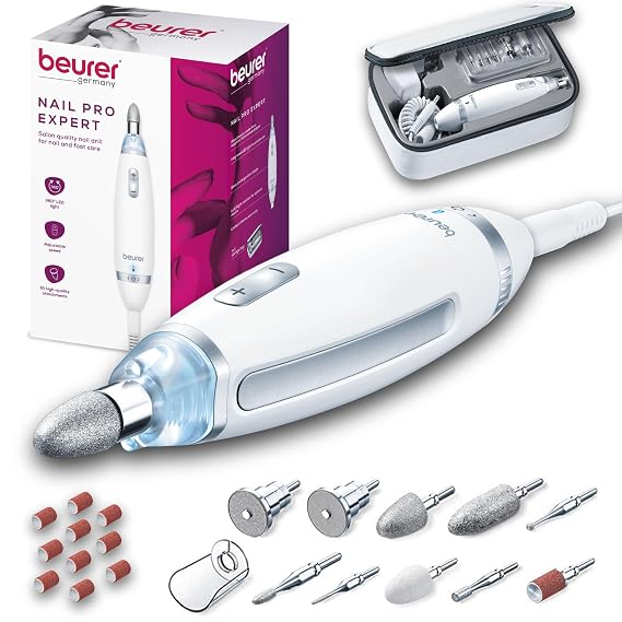 Beurer MP62 Professional Nail Drill Kit, Portable Electric File Machine with 10 Attachments & 10 Sanding Bands, Efile Dremel for Acrylic Gel Manicure and Pedicure, LED Light, with Storage Case