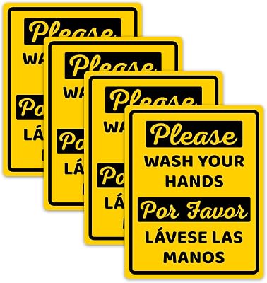 Please Wash Your Hands Sign 4 Pack Vinyl Water Resistant Decals Handwashing Bilingual Stickers for Bathroom Yellow, 8x10