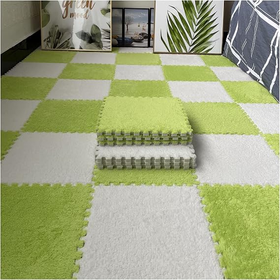 12 Pcs Interlocking Carpet Tiles, Plush Foam Square Floor Mats Set, Puzzle Floor Mat For Living Room, Bedroom And Hard Floor, 12 Tiles/12 Sq.Ft(Color:Green+White)