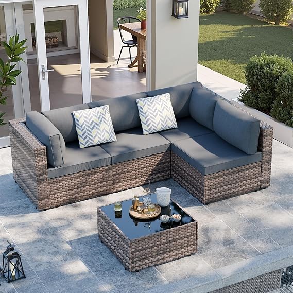 SUNLEI 5 Piece Patio Furniture Sets, Low Back All-Weather Rattan Sectional Sofa with Tea Table&Washable Couch Cushions, Patio Furniture Sets, Brown Rattan