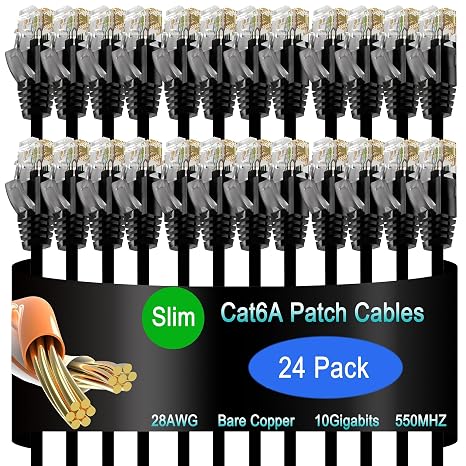 Cat6a Slim Ethernet Patch Cable 0.5 ft (24 Pack), Cat6a Patch Cable for Data Centers, Cat 6 Cable 10G, Network Patch Cables for Home and Enterprise Network -Black