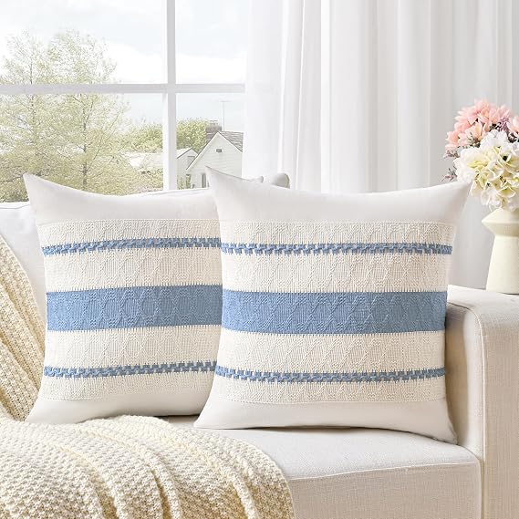 Fancy Homi Set of 2 Boho Light Blue Decorative Throw Pillow Cover 16x16 Inch for Couch Bed Sofa, Aesthetic Modern Organic Farmhouse Home Decor, Soft Cotton Cute Accent Macrame Woven Cushion Case
