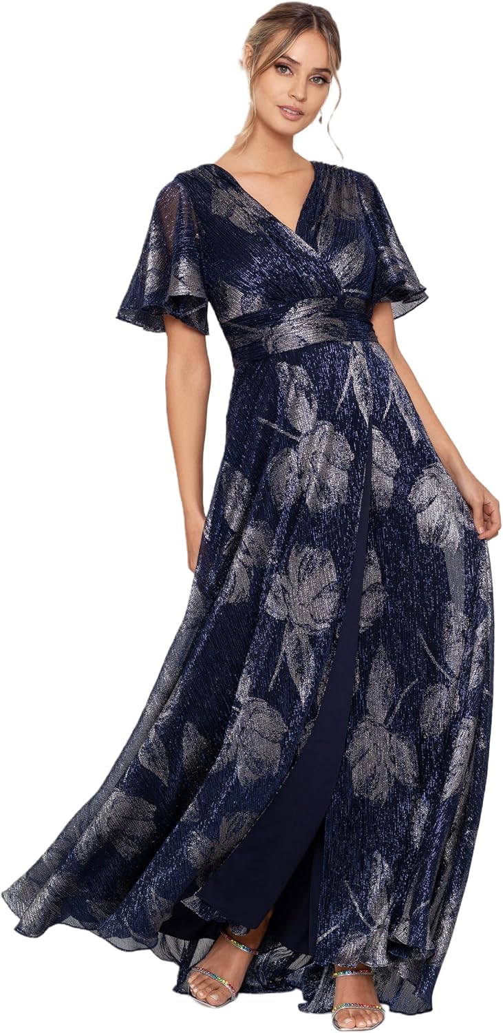 Betsy & Adam Womens V Neck Flutter Sleeve Metallic Print Flowy Dress