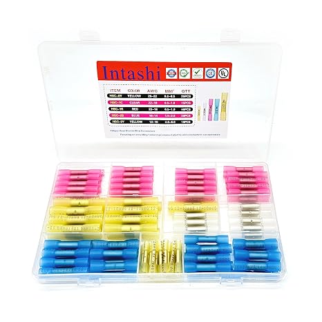 128PCS Heat Shrink Butt Wire Connectors - Intashi Crimp Terminals Kit Insulated Waterproof Wire Terminal Electrical Butt Splice for Marine Automotive Truck Wire Joint Butt Connectors
