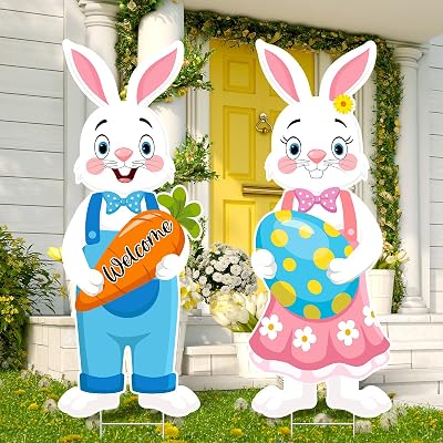 Maitys Easter Decorations Outdoor Bunny and Egg Yard Signs Happy Easter Welcome Signs with Stakes Spring Lawn Sign Decor for Garden Hunt Game Party Supplies Props, 32 x 12.6 Inches