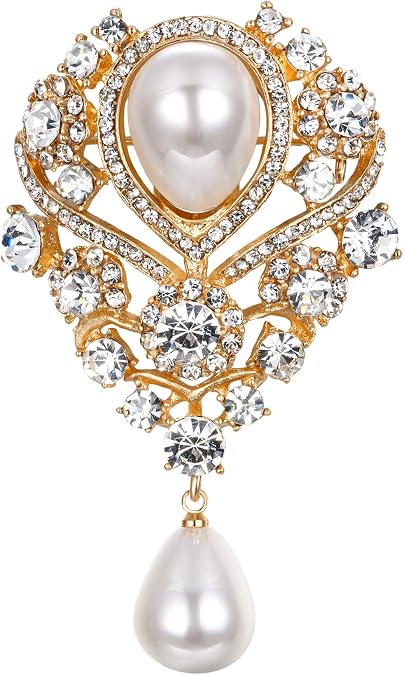 EleQueen Women's Silver-Tone Austrian Crystal White Simulated Pearl Teardrop Bridal Brooch