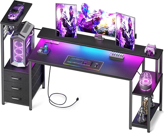 Korfile 63 Inch Gaming Desk with Bluetooth LED Lights & Power Outlets,Computer Desk with Fabric Drawers & Hooks,Reversible Gamer Table with Monitor Stand for Game Room,Home Office,Carbon Fiber Black | Reversible,Computer Desk, Gamer Table, Bluetooth LED Light, Hooks, Monitor Stand, for Bedroom, Gaming Room