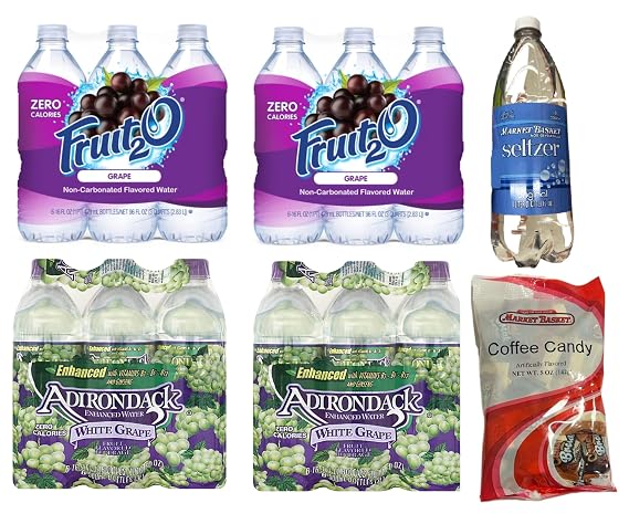 Fruit2O Zero Calorie Flavored Water Grape 16.9oz (12 bottles) + Adirondack Enhanced Water White Grape Fruit Flavored Beverage 16.9oz (12 bottles) + Water Seltzer Original 1 Liter + Coffee Candy Market Basket 5oz