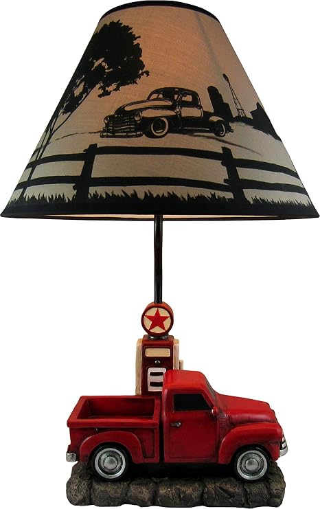DWK Rustic Red Antique Truck At Gas Pump Table Lamp with Printed Shade