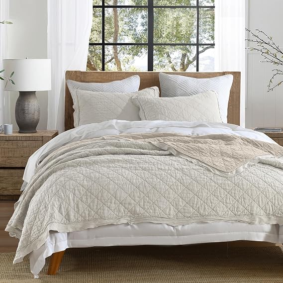 HORIMOTE HOME 100% Linen Front100% Cotton Back Quilt Set Twin Size, Beige Pre-Washed European Flax Linen Quilt, Diamond Stitch Bedspread Coverlet