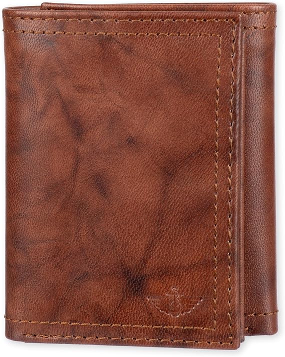 DOCKERS Mens Extra Capacity Slim Profile Trifold Wallet with Multiple Card Slots and ID Window Brown Zipper One Size RFID Extra Capacity Slim