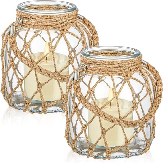 2 Set Nautical Lanterns Rope Handle, Glass LED Flameless,Clear | Battery Operated Light Candles, Coastal Beach House Centerpieces, Sea Party Room Decor, Nautical Jar with Portable Handle