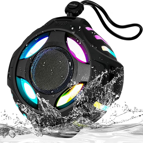 comiso Shower Speaker, Portable Speaker with Robust Bass, IP67 Waterproof | Bluetooth Speaker with LED Light, Floating, Stereo Sound, 2000mAh, Lanyard, Great for Kayak, Travel, Beach, Gift for All Ages