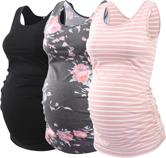 Ecavus 3 Pack Maternity Tank Tops Side Ruched Pregnancy Shirts for Women